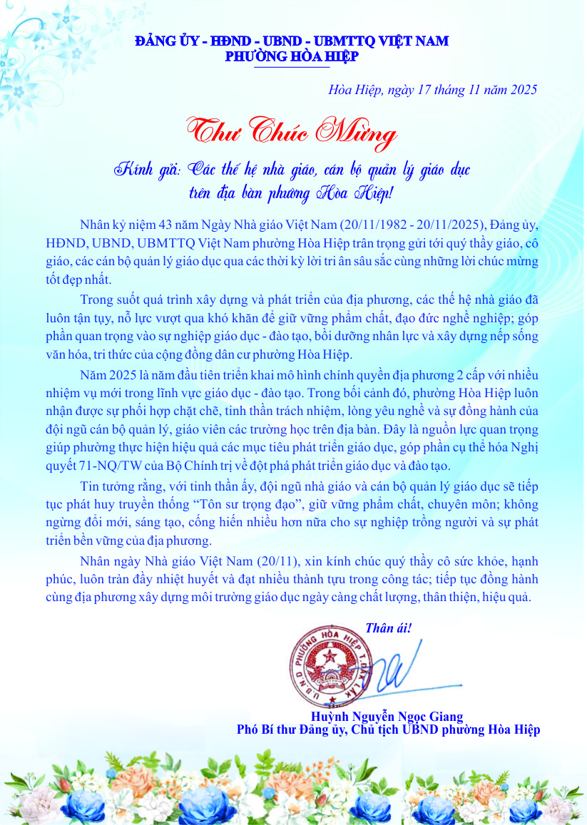 ĐẢNG ỦY - HĐND - UBND - UBMTTQ VIỆT NAM PHƯỜNG HÒA HIỆP GỬI THƯ CHÚC MỪNG NHÂN KỶ NIỆM 43 NĂM NGÀY NHÀ GIÁO VIỆT NAM (20/11/1982 - 20/11/2025)