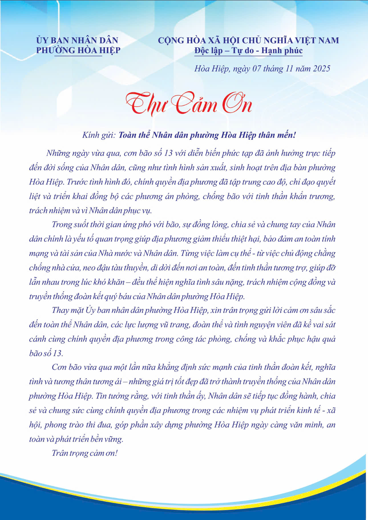 CHỦ TỊCH UBND PHƯỜNG HÒA HIỆP GỬI THƯ CẢM ƠN CÁC CƠ QUAN, ĐƠN VỊ VÀ NHÂN DÂN SAU BÃO SỐ 13 (KALMAEGI)